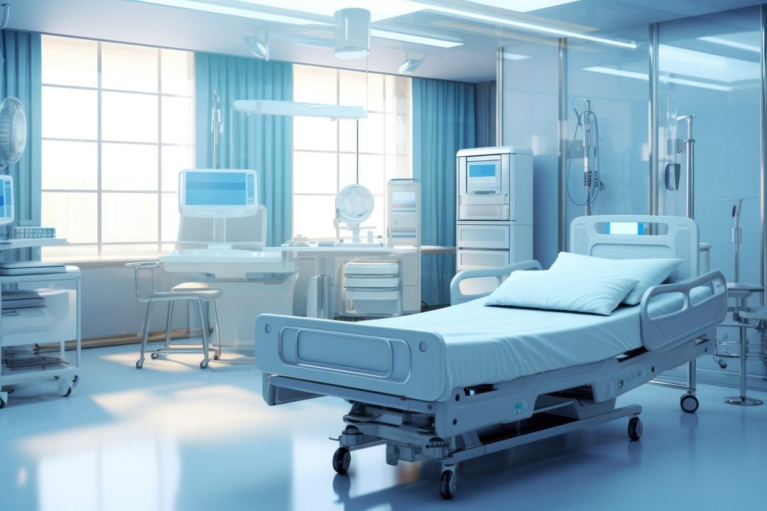 Beds and medical equipment stand out with soothing blue tones in the hospital room.