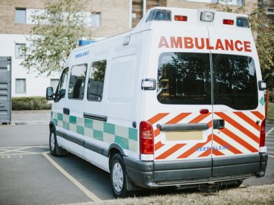 British ambulance parked in a parking lot